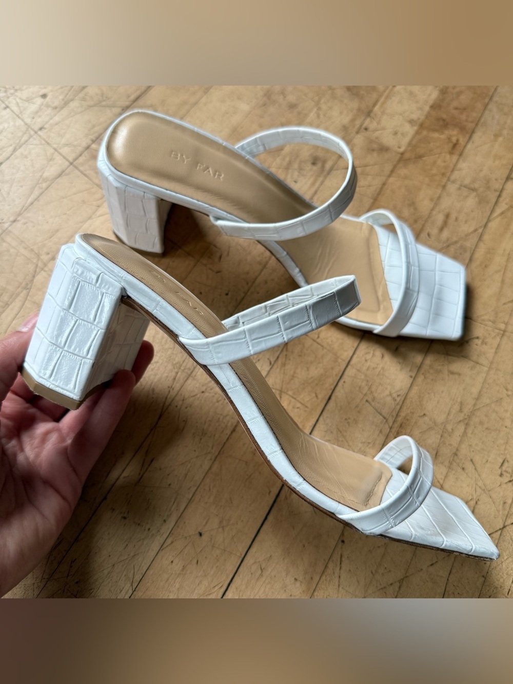 BY FAR White Leather Croc Embossed Double Strap Block Heel Sandals Minimalist 37